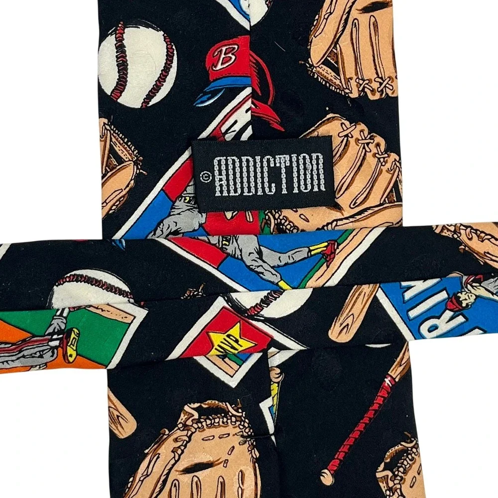 Addiction Baseball Card Silk Tie Mens OS Black Multi Vintage‎ Novelty Sports